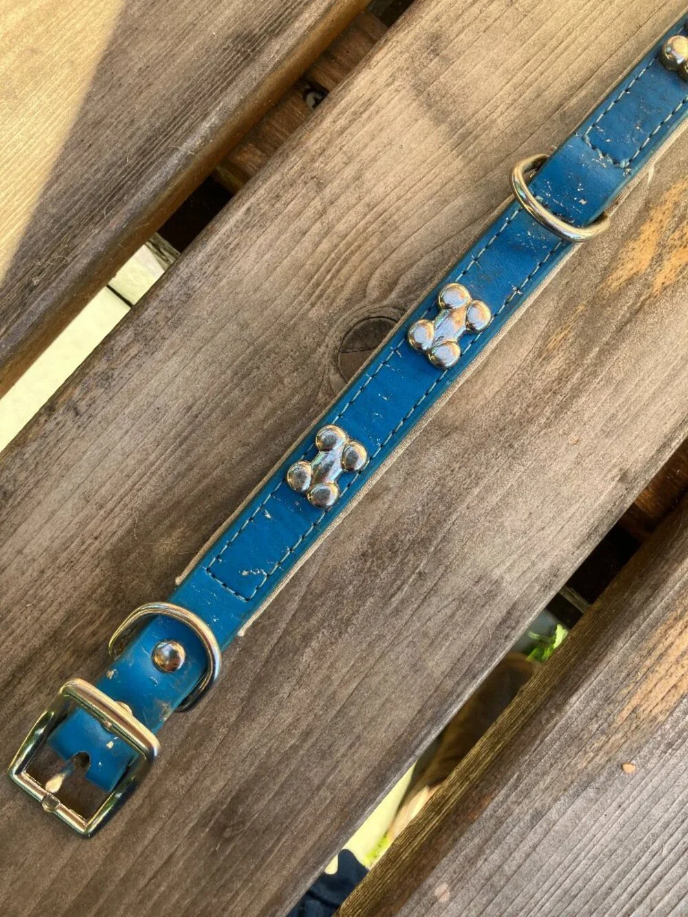 🐶💙 Blue Leather Studded Dog Collar | Silver Bone Studs | Thick Padded Collar |